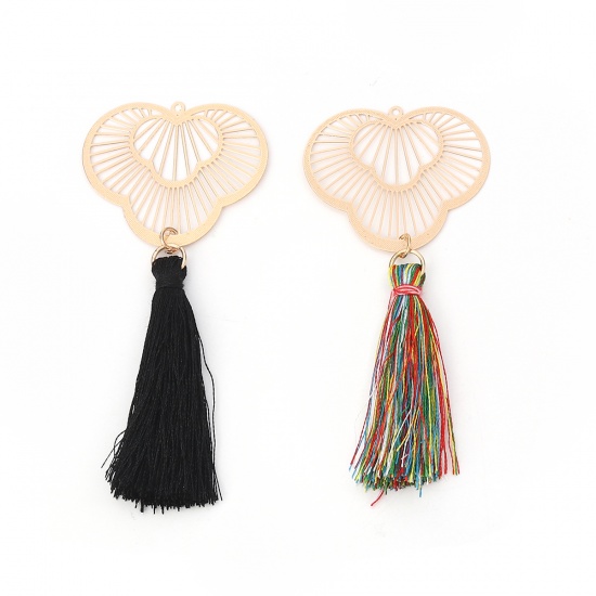 Picture of Brass & Polyester Pendants Gold Plated Multicolor Fan-shaped Tassel Filigree Stamping 8.3cm x 3.6cm, 5 PCs                                                                                                                                                    