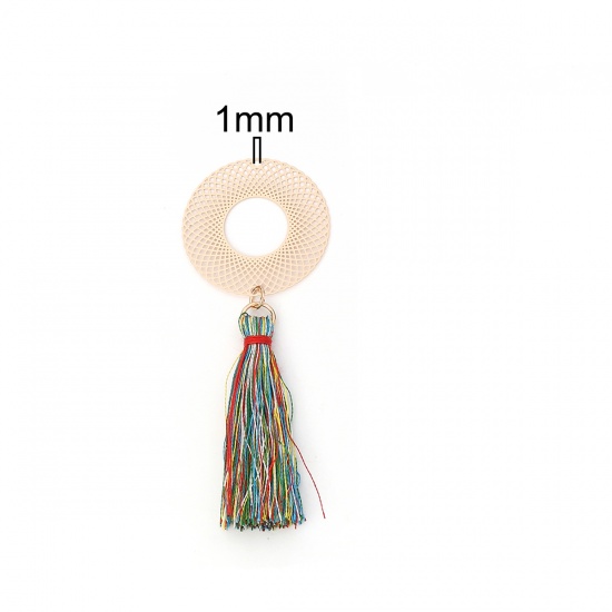 Picture of Brass & Polyester Pendants Gold Plated Multicolor Circle Ring Tassel Filigree Stamping 8cm x 3cm, 5 PCs                                                                                                                                                       