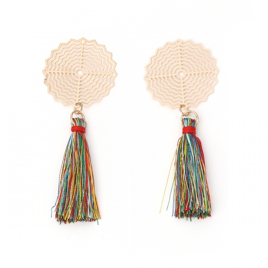 Picture of Brass & Polyester Pendants Gold Plated Multicolor Round Tassel Filigree Stamping 8.2cm x 3.1cm, 5 PCs                                                                                                                                                         