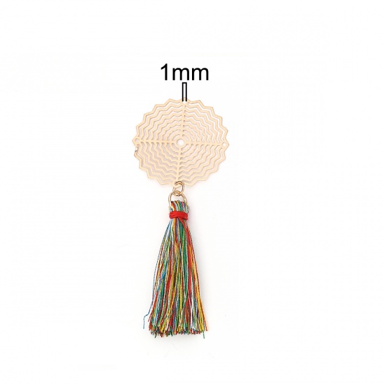 Picture of Brass & Polyester Pendants Gold Plated Multicolor Round Tassel Filigree Stamping 8.2cm x 3.1cm, 5 PCs                                                                                                                                                         