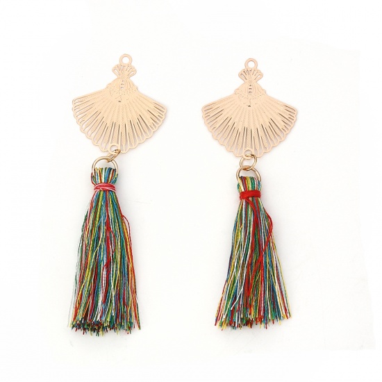 Picture of Brass & Polyester Pendants Gold Plated Multicolor Fan-shaped Tassel Filigree Stamping 8cm x 2.6cm, 5 PCs                                                                                                                                                      