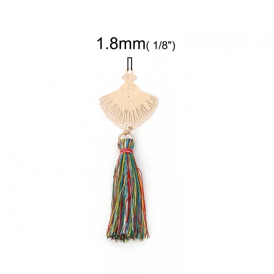 Picture of Brass & Polyester Pendants Gold Plated Multicolor Fan-shaped Tassel Filigree Stamping 8cm x 2.6cm, 5 PCs                                                                                                                                                      