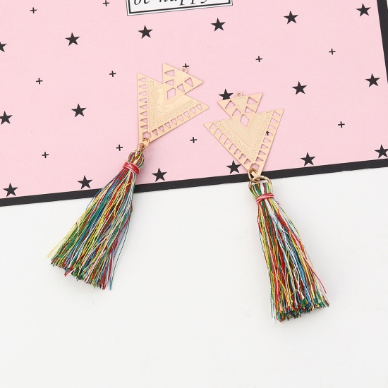 Picture of Brass & Polyester Pendants Gold Plated Multicolor Triangle Tassel Filigree Stamping 7.9cm x 2.5cm, 5 PCs                                                                                                                                                      