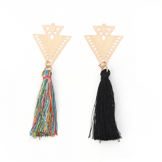 Picture of Brass & Polyester Pendants Gold Plated Multicolor Triangle Tassel Filigree Stamping 7.9cm x 2.5cm, 5 PCs                                                                                                                                                      