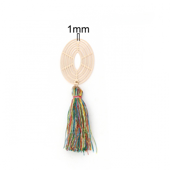 Picture of Brass & Polyester Pendants Gold Plated Multicolor Oval Tassel Filigree Stamping 8.1cm x 2.3cm, 5 PCs                                                                                                                                                          