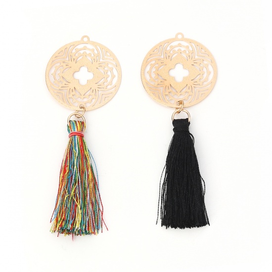 Picture of Brass & Polyester Pendants Gold Plated Multicolor Round Tassel Filigree Stamping 8.2cm x 2.9cm, 5 PCs                                                                                                                                                         