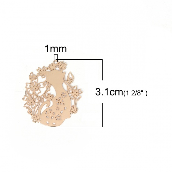 Bild von Messing Filigran Stempel Verzierung Anhänger Katze KC Vergoldet Blumen 31mm x 28mm, 5 Stück