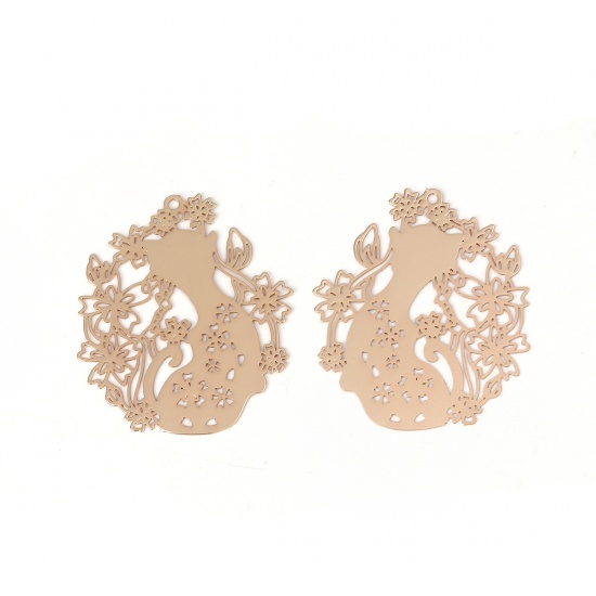 Bild von Messing Filigran Stempel Verzierung Anhänger Katze KC Vergoldet Blumen 31mm x 28mm, 5 Stück