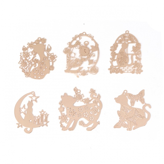 Bild von Messing Filigran Stempel Verzierung Anhänger Katze KC Vergoldet Blumen 31mm x 28mm, 5 Stück