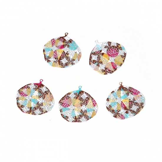 Picture of Copper Enamel Painting Charms Multicolor Leaf Filigree Stamping 21mm x 20mm, 5 PCs
