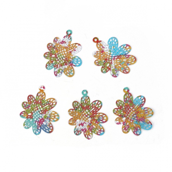 Picture of Brass Enamel Painting Charms Multicolor Sunflower Filigree Stamping 25mm x 19mm, 5 PCs                                                                                                                                                                        