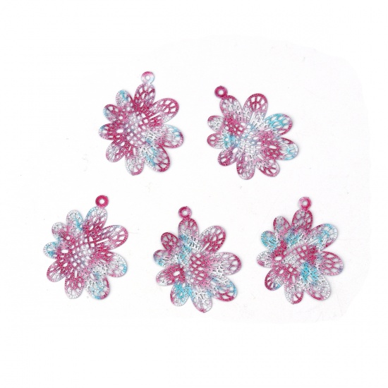 Picture of Copper Enamel Painting Charms Pink Sunflower Filigree Stamping 25mm x 19mm, 5 PCs