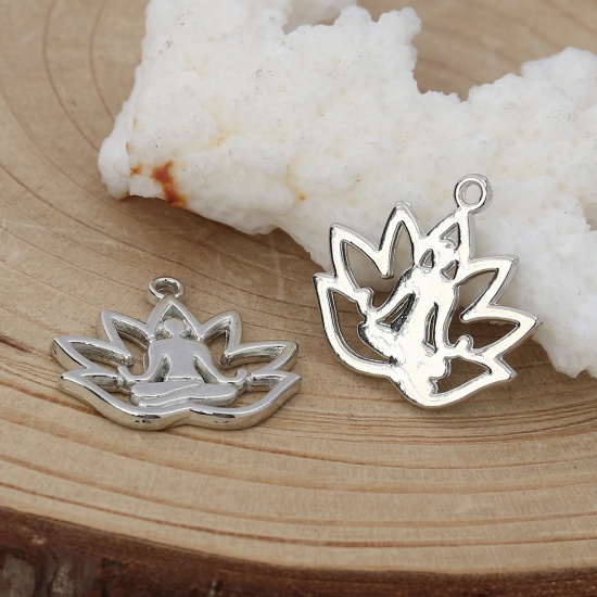 Picture of Zinc Based Alloy Charms Yoga Silver Tone Flower 18mm( 6/8") x 17mm( 5/8"), 50 PCs