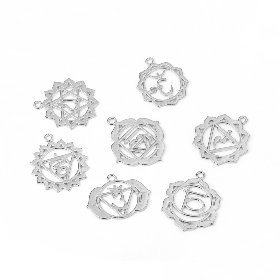 Picture of Zinc Based Alloy Yoga Healing Pendants Flower Silver Tone 3.7cm x3.3cm(1 4/8" x1 2/8") - 3.2cm x2.6cm(1 2/8" x1"), 2 Sets ( 7 PCs/Set)