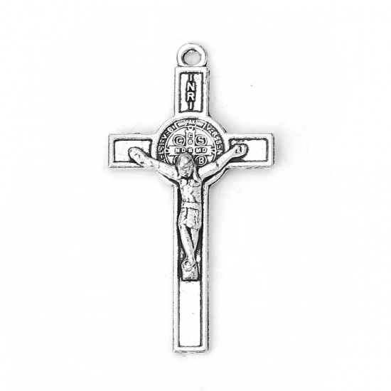 Picture of Zinc Based Alloy Pendants Cross Antique Silver Color Jesus 41mm(1 5/8") x 21mm( 7/8"), 30 PCs