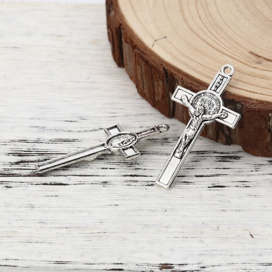 Picture of Zinc Based Alloy Pendants Cross Antique Silver Color Jesus 41mm(1 5/8") x 21mm( 7/8"), 30 PCs