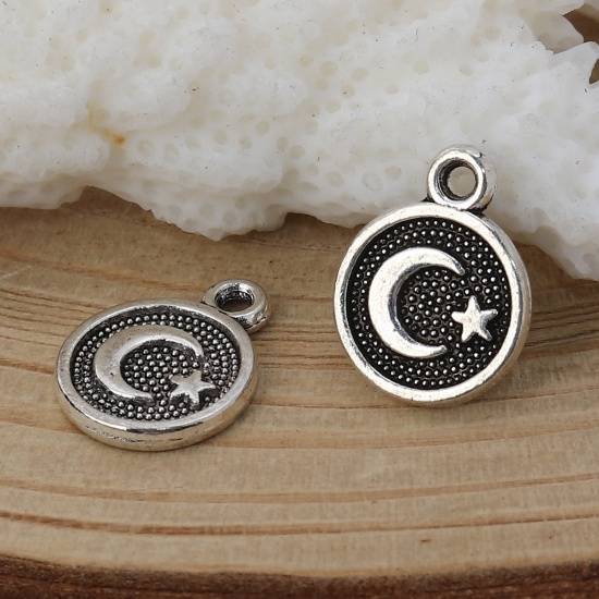 Picture of Zinc Based Alloy Religious Charms Round Antique Silver Moon 12mm x 10mm, 100 PCs