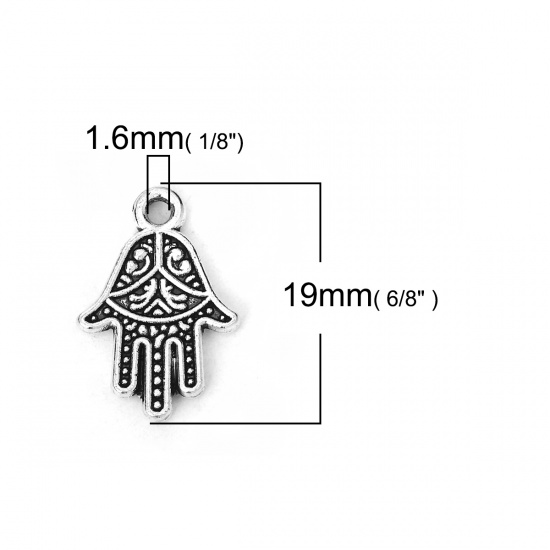 Picture of Zinc Based Alloy Charms Hamsa Symbol Hand Antique Silver 19mm( 6/8") x 13mm( 4/8"), 50 PCs