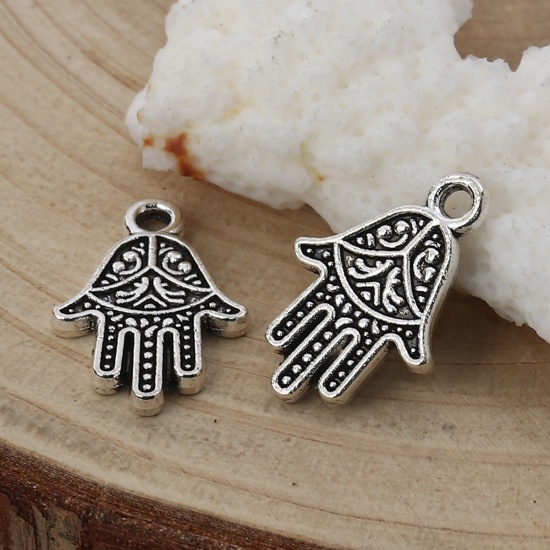 Picture of Zinc Based Alloy Charms Hamsa Symbol Hand Antique Silver 19mm( 6/8") x 13mm( 4/8"), 50 PCs