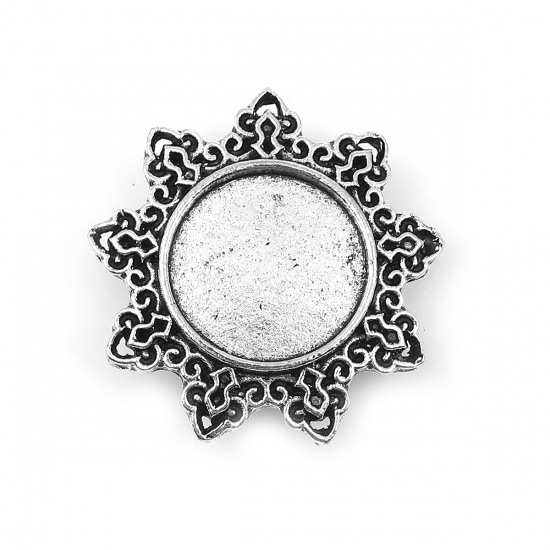 Picture of Zinc Based Alloy Cabochon Frame Settings Flower Antique Silver Cabochon Settings (Fits 16mm Dia.) 29mm(1 1/8") x 29mm(1 1/8"), 10 PCs