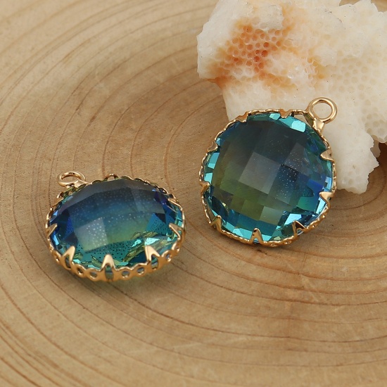 Picture of Copper & Glass Charms Round Gold Plated Blue & Green Faceted 21mm( 7/8") x 17mm( 5/8"), 3 PCs