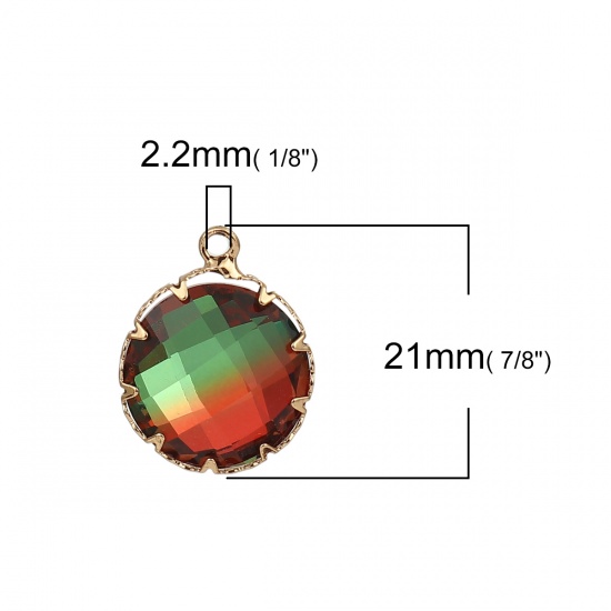 Image de Breloques en Laiton+Verre Rond Doré Rouge Orangé A Facettes 21mm x 17mm, 3 Pcs