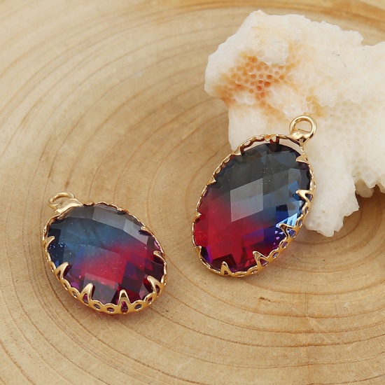 Picture of Copper & Glass Charms Oval Gold Plated Fuchsia & Deep Blue Faceted 23mm( 7/8") x 14mm( 4/8"), 3 PCs