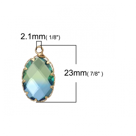 Image de Breloques en Laiton+Verre Ovale Doré Bleu & Vert A Facettes 23mm x 14mm, 3 Pcs