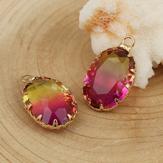 Picture of Copper & Glass Charms Oval Gold Plated Fuchsia & Yellow Faceted 23mm( 7/8") x 14mm( 4/8"), 3 PCs