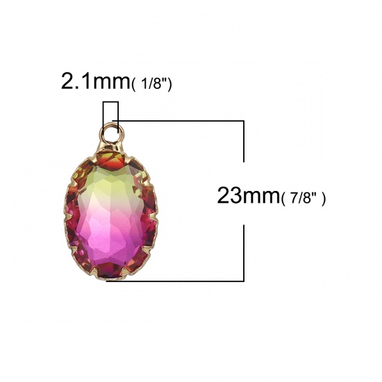 Image de Breloques en Laiton+Verre Ovale Doré Fuchsia A Facettes 23mm x 14mm, 3 Pcs