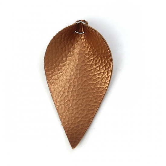 Picture of PU Leather Pendants Leaf Golden Brown W/ Jump Ring 63mm(2 4/8") x 32mm(1 2/8"), 20 PCs