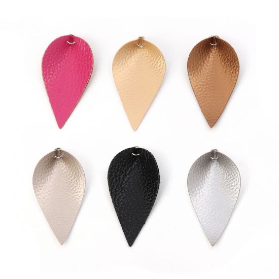 Picture of PU Leather Pendants Leaf Champagne Gold W/ Jump Ring 63mm(2 4/8") x 32mm(1 2/8"), 20 PCs