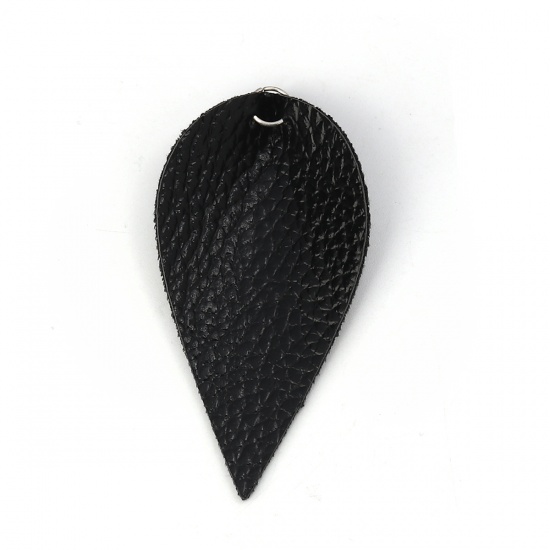 Picture of PU Leather Pendants Leaf Black W/ Jump Ring 63mm(2 4/8") x 32mm(1 2/8"), 20 PCs