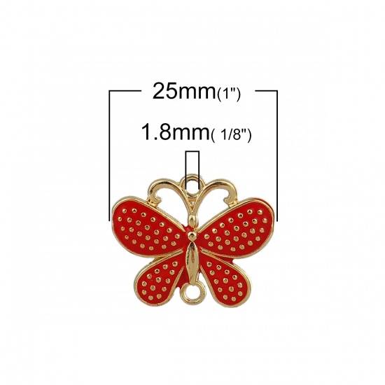 Bild von Zinklegierung Verbinder Schmetterling Vergoldet Rot Emaille, 25mm x 20mm, 10 Stück