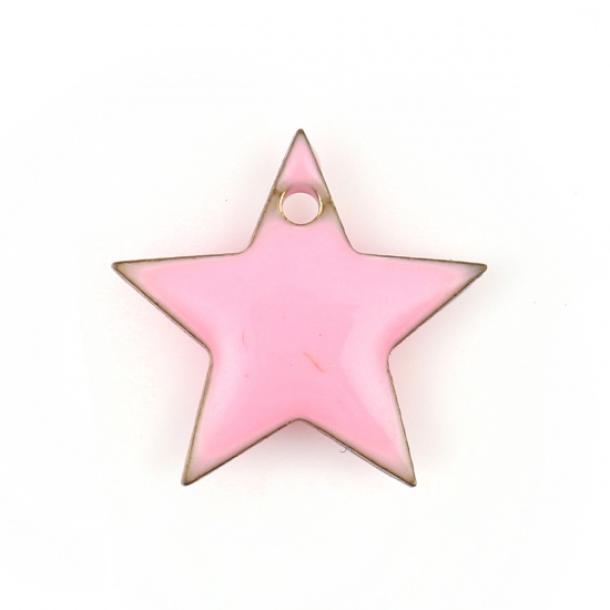 Imagen de Latón Colgantes Charms Estrellas de cinco puntos Chapado en Oro Rosado Esmalte 12mm x 11mm, 10 Unidades