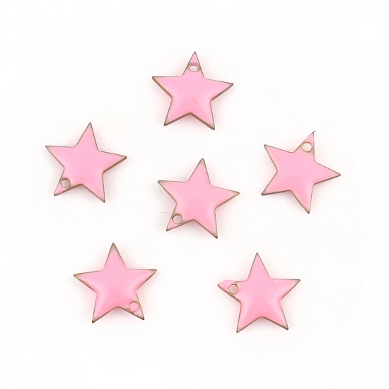 Imagen de Latón Colgantes Charms Estrellas de cinco puntos Chapado en Oro Rosado Esmalte 12mm x 11mm, 10 Unidades