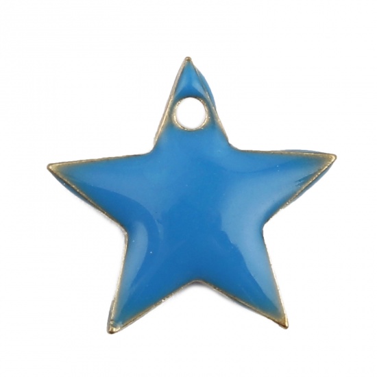 Imagen de Latón Colgantes Charms Estrellas de cinco puntos Chapado en Oro Azul Esmalte 12mm x 11mm, 10 Unidades