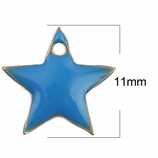 Imagen de Latón Colgantes Charms Estrellas de cinco puntos Chapado en Oro Azul Esmalte 12mm x 11mm, 10 Unidades