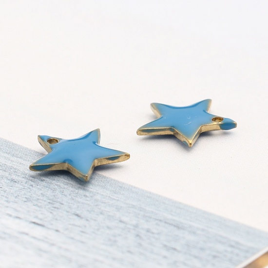 Imagen de Latón Colgantes Charms Estrellas de cinco puntos Chapado en Oro Azul Esmalte 12mm x 11mm, 10 Unidades