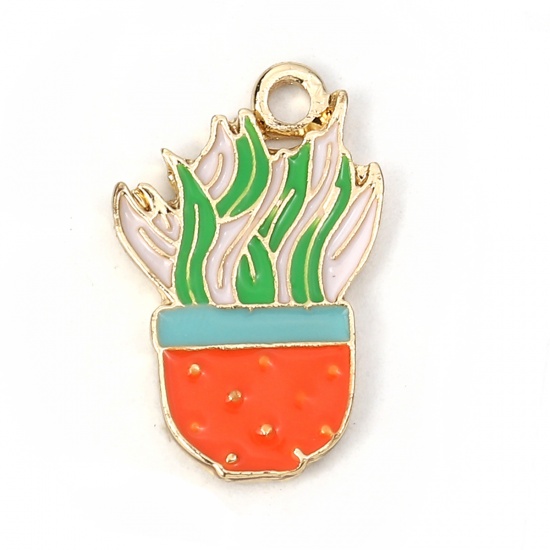 Picture of Zinc Based Alloy Charms Pot Plant Gold Plated Multicolor Enamel 25mm(1") x 16mm( 5/8"), 5 PCs