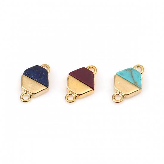 Picture of Brass & Resin Connectors Hexagon 18K Gold Plated Deep Blue Marble Effect 12mm( 4/8") x 8mm( 3/8"), 2 PCs                                                                                                                                                      
