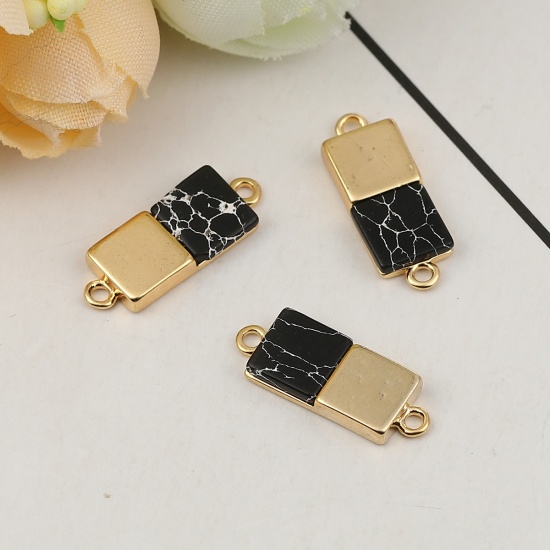 Picture of Brass & Resin Connectors Rectangle 18K Gold Plated Black Marble Effect 19mm( 6/8") x 7mm( 2/8"), 2 PCs                                                                                                                                                        