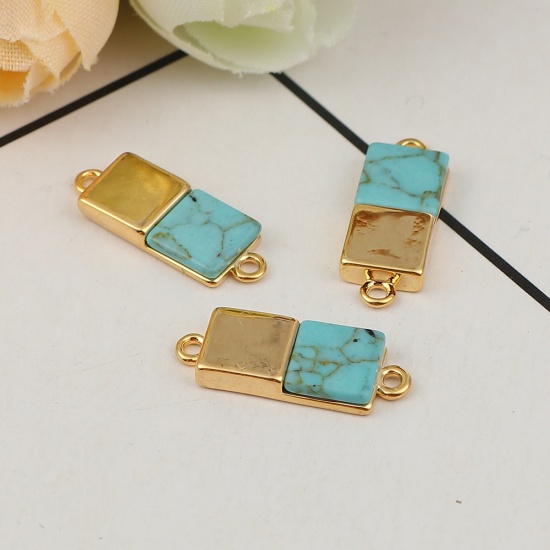 Immagine di Ottone & Resina Connettore Rettangolo 18K Oro Placcato Verde Blu Turchese Imitato 19mmx 7mm, 2 Pz