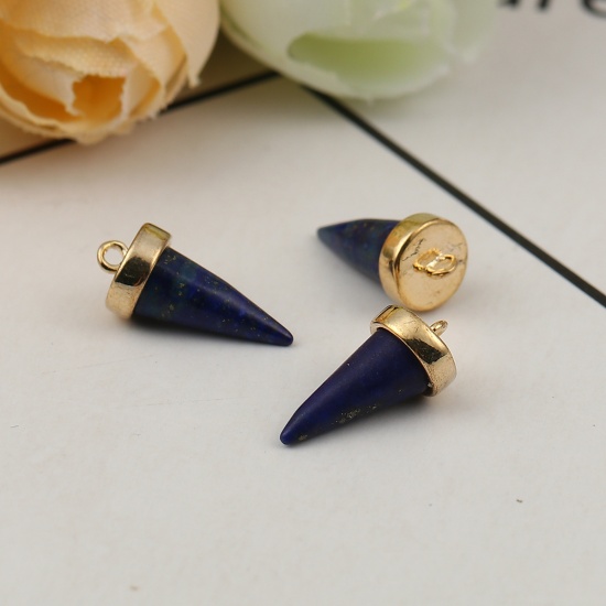 Picture of Brass & Resin Charms Taper 18K Gold Plated Deep Blue Marble Effect 14mm( 4/8") x 7mm( 2/8"), 2 PCs                                                                                                                                                            