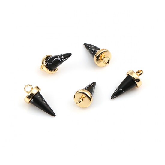 Picture of Brass & Resin Charms Taper 18K Gold Plated Black Marble Effect 14mm( 4/8") x 7mm( 2/8"), 2 PCs                                                                                                                                                                