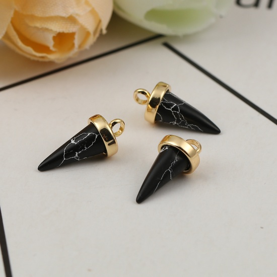 Picture of Brass & Resin Charms Taper 18K Gold Plated Black Marble Effect 14mm( 4/8") x 7mm( 2/8"), 2 PCs                                                                                                                                                                