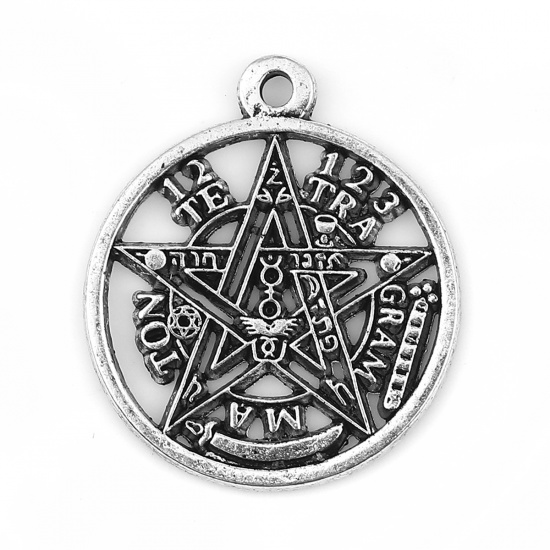 Picture of Zinc Based Alloy Charms Round Antique Silver Color Pentagram Star 27mm(1 1/8") x 23mm( 7/8"), 20 PCs