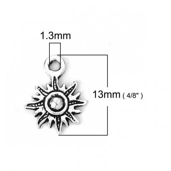 亜鉛合金 ボヘミアン チャーム 太陽 銀古美 13mmx 10mm、 50 個 の画像