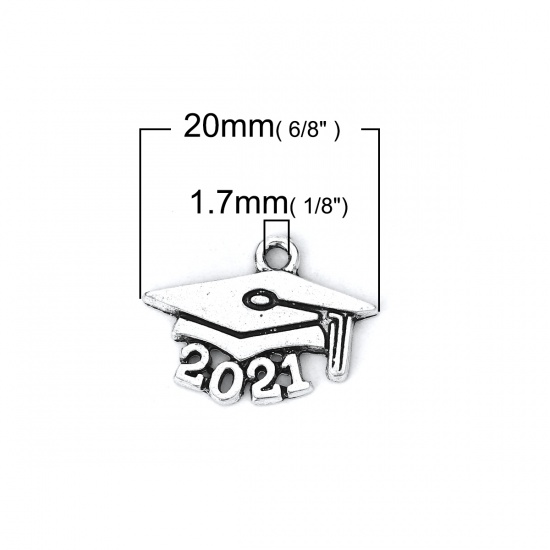 Picture of Zinc Based Alloy Charms Doctorial Hat Antique Silver Color Number Message " 2021 " 20mm( 6/8") x 15mm( 5/8"), 30 PCs