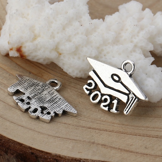 Picture of Zinc Based Alloy Charms Doctorial Hat Antique Silver Color Number Message " 2021 " 20mm( 6/8") x 15mm( 5/8"), 30 PCs